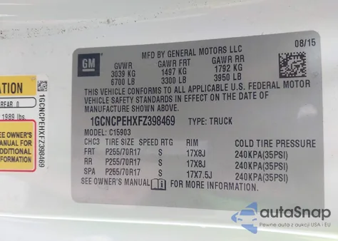 2015 Chevrolet Silverado 1500 Wt z USA, uszkodzony, nr VIN 1GCNCPEHXFZ398469